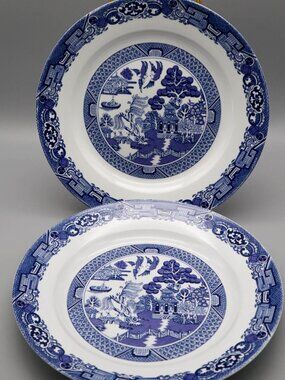 2 Royal Cuthbertson Blue Willow Transferware Dinner Plates Cottage Chinoiserie